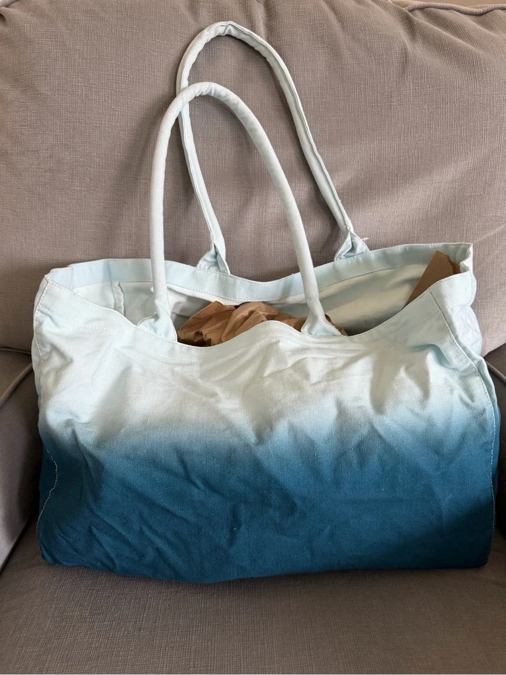 NWT Athleta with Bold Logo Beach Bag Tote Bag Blue Ombre Canvas Shopping Bag